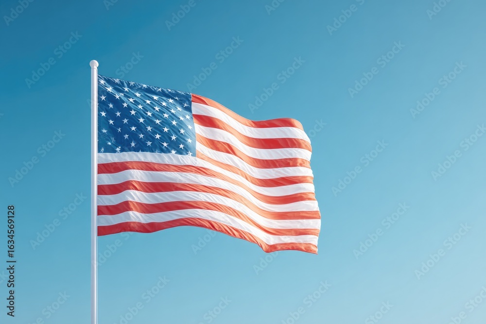 Obraz premium Waving flag showcases vibrant colors against clear blue sky, sym