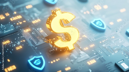 Golden 3d dollar and euro symbols represent financial success and wealth in a blue market economy