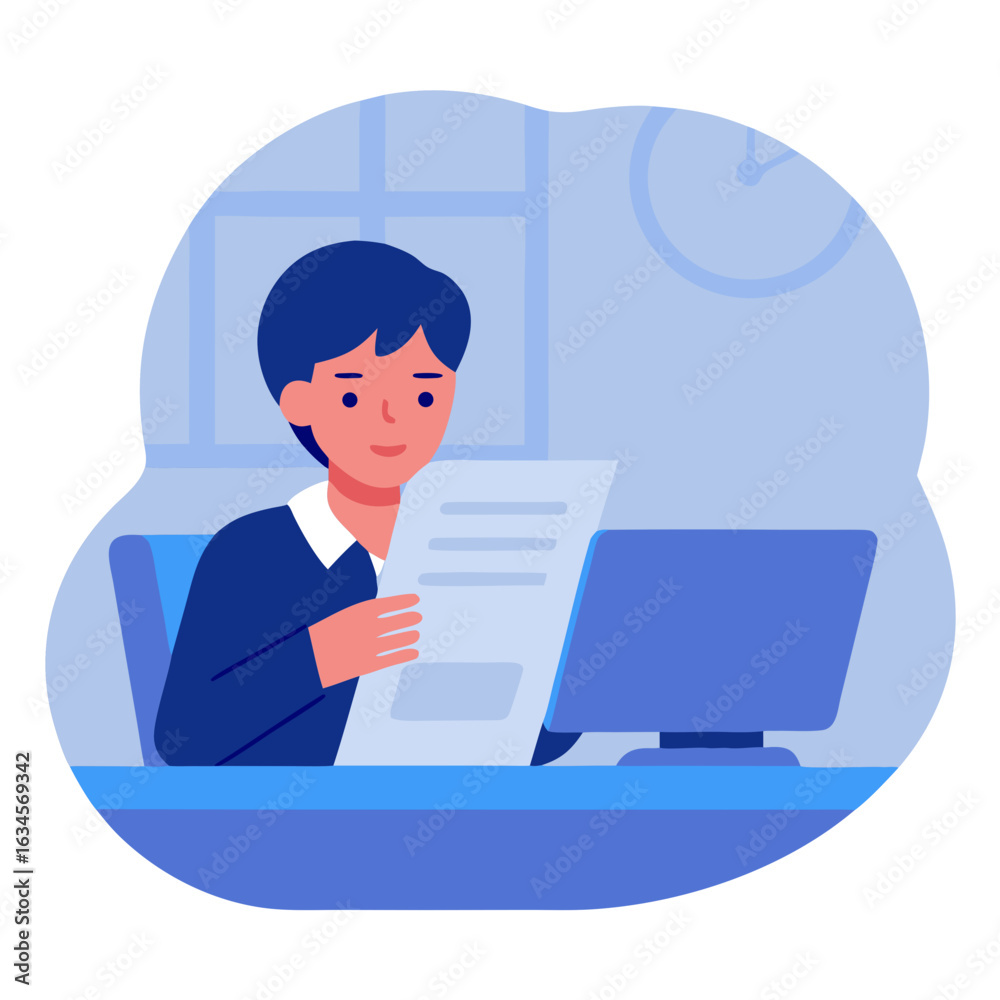 Obraz premium Young man reading report while sitting at desk with laptop 