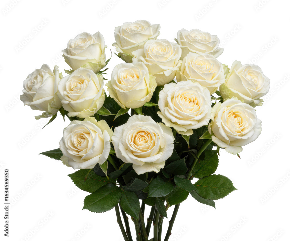 Obraz premium Elegant bouquet of white roses with lush green leaves. Cut out PNG