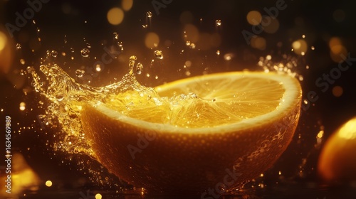 Freshly squeezed citrus juice with a lemon slice splashing into a glass of water