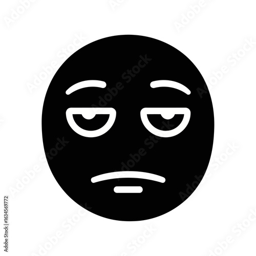 Vector art of black emoji face with tired, bored, and unimpressed expression, isolated on white background