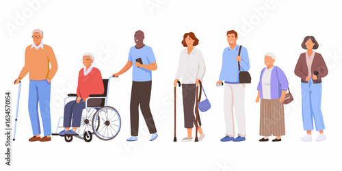 Diverse group of people with mobility aids and a wheelchair user