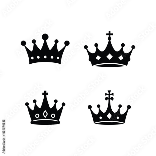 Royal crowns vector set regal headwear monarchy symbols king queen emblems isolated black icons