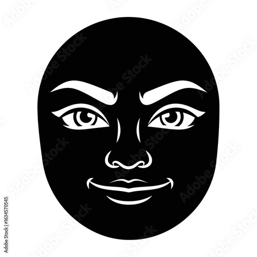 Vector art of black and white silhouette of a human face with expressive eyes and a subtle smile isolated on white background