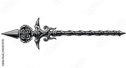 Vector Illustration of Ornate Spear with Floral Detail in Modern Black White Style for Decorative Design