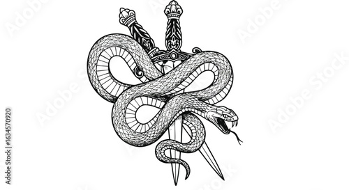 Vector Illustration of Serpent Wrapped Around Sword in Classic Tattoo Style with Monochrome Color Scheme