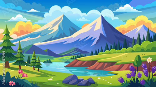 Vector art of vast mountain landscape with snowcovered peaks, a serene river, and vibrant green hills under a dramatic sky with golden clouds, showcasing the grandeur of nature