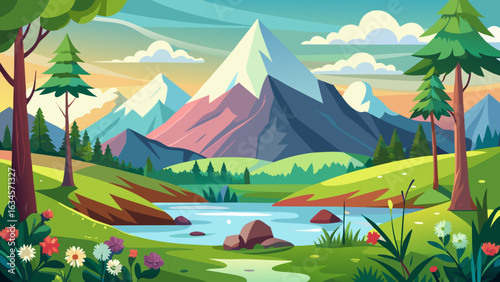 Vector art of picturesque cartoon mountain scene at sunset featuring snowcapped peaks, a gentle river, lush green hills, and vibrant wildflowers