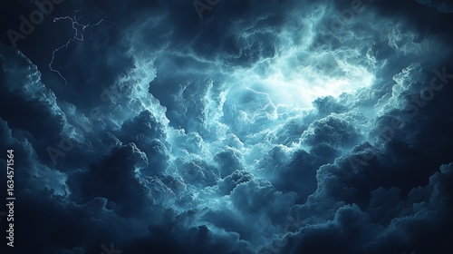 A close-up shot of dark clouds with the sky filled with them, accompanied by lightning and heavy rain. The high-resolution image, captured with a macro lens for detailed close-ups, 