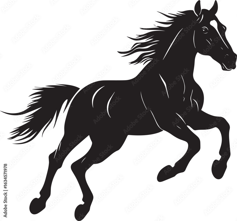 Fototapeta premium Horse Galloping Body in full speed legs extended forward tail raised high. full length silhouette black vector illustration