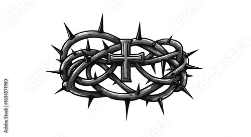 Vector Illustration of Thorned Crown with Christian Cross in Gothic Style in Monochrome Colors
