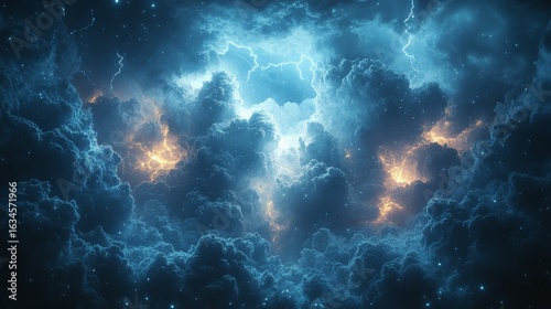 A close-up shot of dark clouds with the sky filled with them, accompanied by lightning and heavy rain. The high-resolution image, captured with a macro lens for detailed close-ups, 