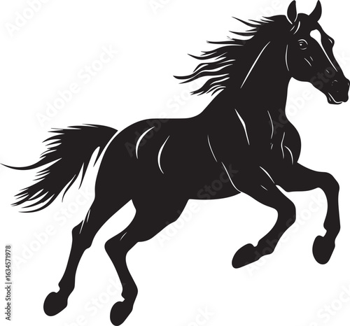 Horse Galloping Body in full speed legs extended forward tail raised high. full length silhouette black vector illustration