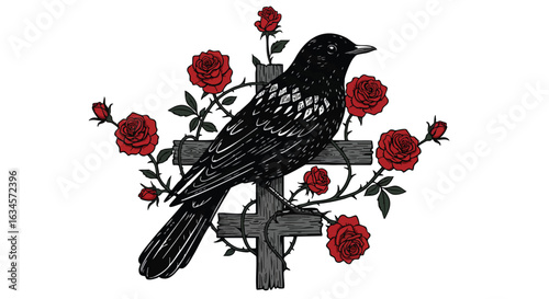 Minimalist Vector Illustration of Bird and Roses with Vintage Style in Black White and Red
