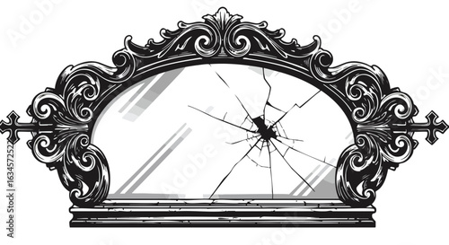 Vintage Ornate Mirror Vector Illustration with Broken Glass and Baroque Frame Style in Monochrome Colors