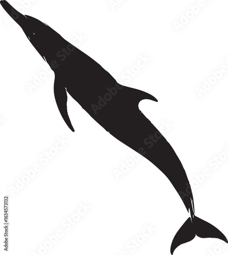 Dolphin Swimming Streamlined body, dorsal fin visible, tail fin in motion. full length silhouette black vector illustration