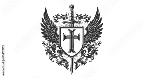 Vector Emblem with Cross Shield Wings and Sword in Gothic Style with Monochrome Black and White Colors