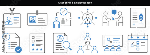 Several blue and gray employee management icons are neatly organized on a white backdrop