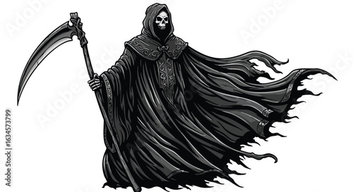 Vector Illustration of Grim Reaper Character in Dark Gothic Style with Cloak and Scythe