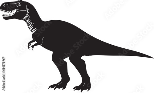 Giganotosaurus An enormous theropod with a sturdy body, long tail, and formidable legs built for agility and force, full black vector silhouette illustration.