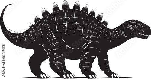 Ankylosaurus A heavily armored herbivore characterized by its protective bony plates and a powerful clubbed tail, complete black vector silhouette design.