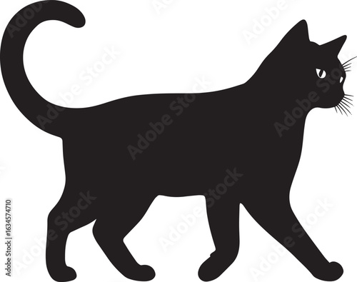 Cat with Curled Tail Silhouette A playful, inquisitive cat strolling with its tail held high, full-length black silhouette vector illustration.