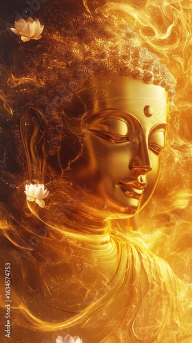  A golden Buddha with a glowing aura, surrounded by swirling golden light and white smoke effects, with lotus flowers nearby. 