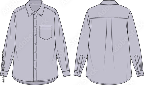 Art & IllustrationClassic long sleeve shirt front and back technical fashion sketch, unisex formal wear, garment design template, vector flat illustration