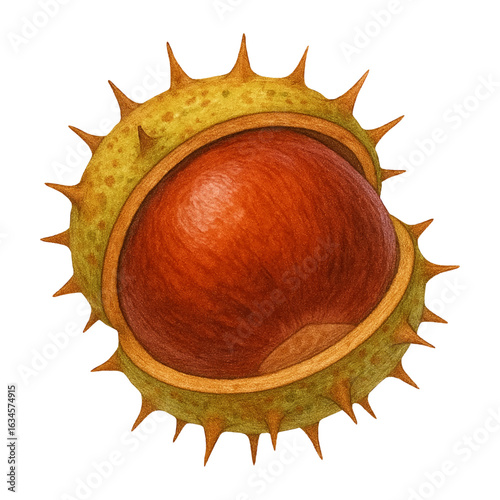 Open chestnut in spiky shell, realistic vector autumn illustration, isolated on transparent background