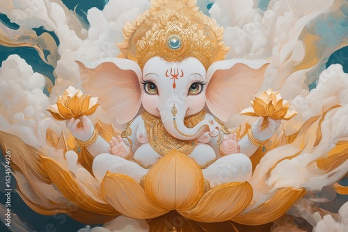 3w A beautiful painting of the Hindu god Ganesha, sitting on top of lotus in golden hues with clouds behind him, holding gold lotuses. 