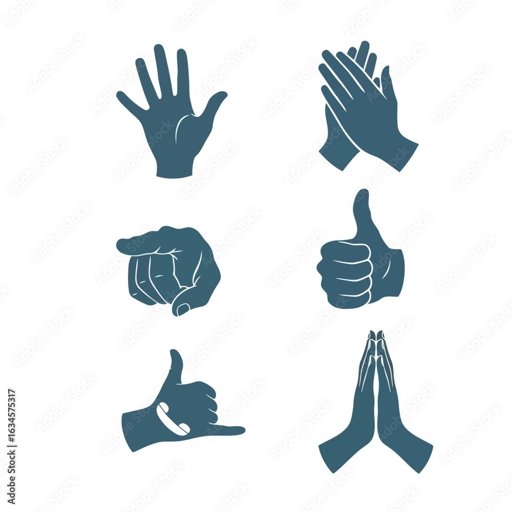 Fototapeta premium Vector art of collection of diverse hand gestures and symbols, including clapping, pointing, thumbs up, call me, and prayer, isolated on white background