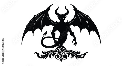 Vector Illustration of Demon Creature with Bat Wings in Dark Gothic Style Featuring Ornamental Flourishes