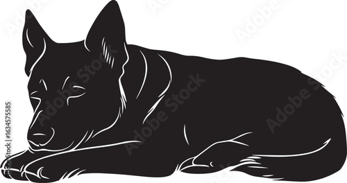 Dog in Slumber Silhouette A dog curled up and relaxed, captured in a serene sleeping position, complete black vector silhouette design.