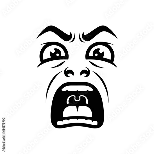 Vector art of angry face with open mouth and furrowed brows, isolated on white background