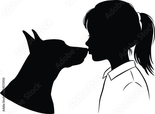 Dog and person silhouette, Doberman face-to-face, emotional bond, pet loyalty, human connection, vector art, black graphic, animal love