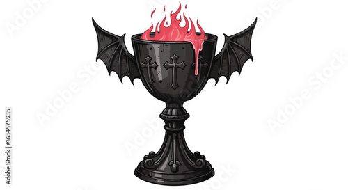 Gothic Vector Illustration of Chalice with Bat Wings and Flaming Blood in Dark Style