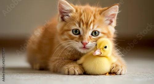 Fototapeta na wymiar An Adorable Ginger Kitten with Green Eyes Gently Cuddles a Tiny Duckling