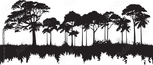 Tropical Tree Line Logo An elegant black silhouette showcasing a line of rainforest trees, emphasizing simplicity and nature.