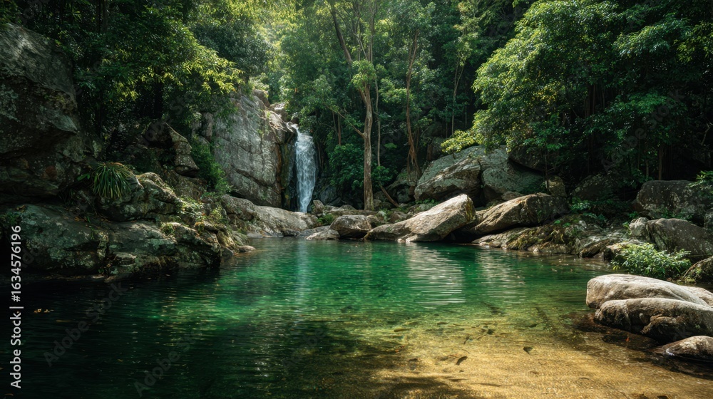 Naklejka premium Serene Forest Scene with Waterfall and Clear Green Pool in Nature