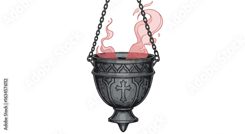 Vector Illustration of Gothic Cauldron with Pink Smoke in Dark Vintage Style