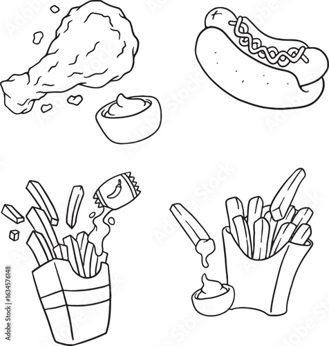 A black and white line drawing of popular fast food items, including a hot dog, fried chicken drumstick, and two servings of french fries. Perfect for coloring pages, menus, or restaurant-themed.