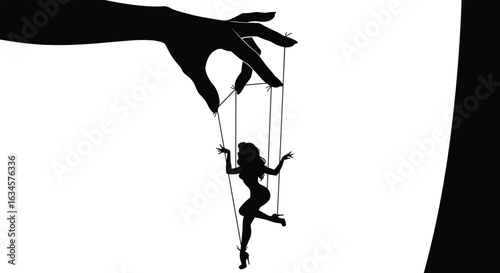 Female puppet silhouette, controlling hand, manipulation concept, power dynamics, psychological theme, vector art, black graphic, metaphorical design, strings control