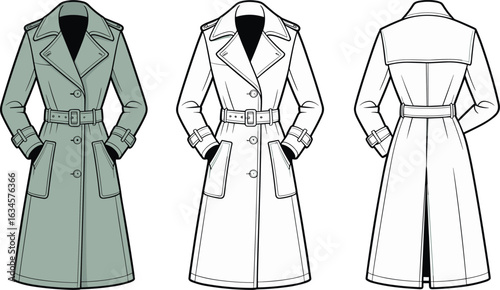 Classic trench coat technical flat sketch, front and back view, fashion illustration template, belted outerwear design for womenswear apparel