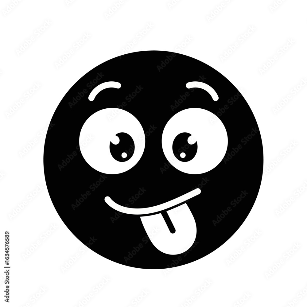 Fototapeta premium Vector art of black silly face emoji with tongue sticking out isolated on white background