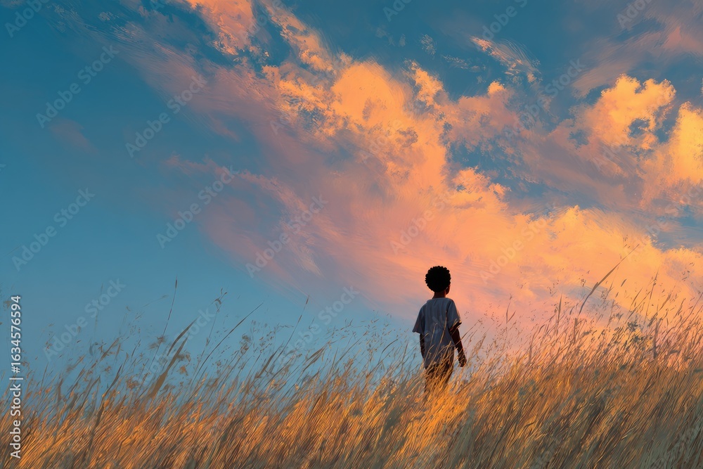 Obraz premium Child standing in golden field at sunset