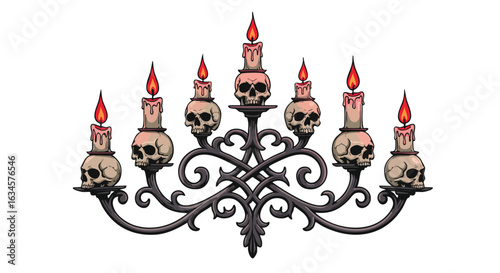 Dark Gothic Vector Illustration with Skulls and Candles in Vintage Style for Horror and Halloween Themes