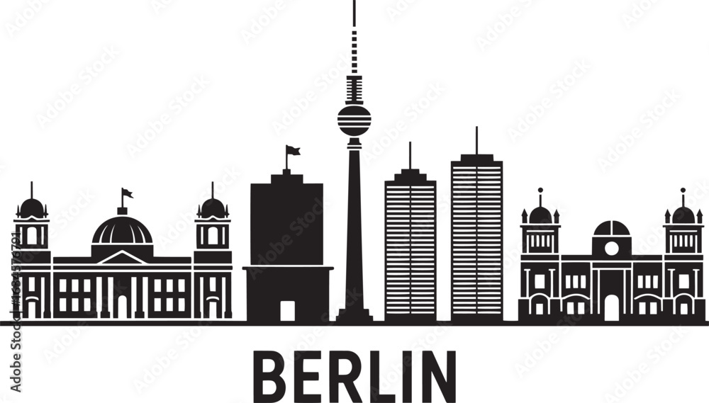 Obraz premium Berlin Cityscape Silhouette Vector Illustration Germany Urban Skyline Design Black and White Landmark