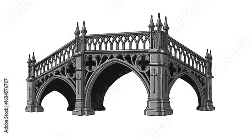 Gothic Bridge Vector Illustration in Monochrome Style with Ornate Architectural Elements