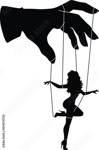 Female puppet silhouette, controlling hand, manipulation concept, power dynamics, psychological theme, vector art, black graphic, metaphorical design, strings control